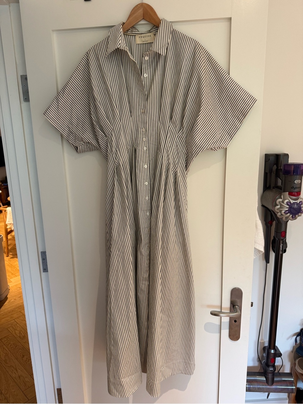Anthropologie Exquise Striped Button-Front Cotton Shirt Dress in Cream & Black